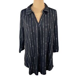 Bulotus Top Shirt Blue Black Print Size 2XL V-Neck Collared Womens